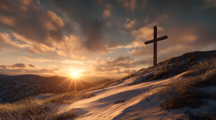 Holy Wooden Cross of Jesus Christ on Hilltop at Golden Hour Sunset in Winter - Christmas Concept