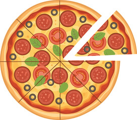 Photorealistic pepperoni pizza with basil, tomatoes, olives, melted cheese, sliced portion, delicious Italian food overhead shot, high-quality food image