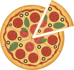 Photorealistic pepperoni pizza with basil, tomatoes, olives, melted cheese, sliced portion, delicious Italian food overhead shot, high-quality food image