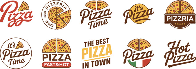 Vintage pizza logo collection with slices, bold typography, pizzeria badges, restaurant branding icons, retro food emblem set design illustration