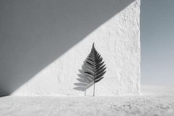 Ultra-Minimalist Solitary Fern Frond Shadow on Expansive White Wall with Vast Negative Space