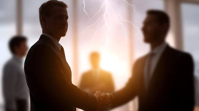 Two businessmen shake hands under a dramatic lightning strike symbolizing a powerful agreement and successful partnership - Powered by Adobe