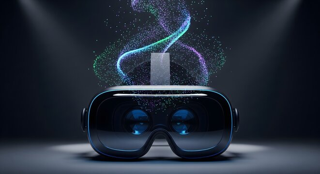 Futuristic Virtual Reality Headset with Abstract Glowing Particle Effects