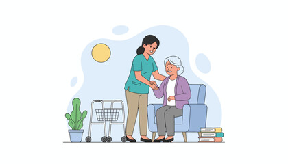 Caregiver helps senior woman sit emphasizing health support elderly assistance and comfort
