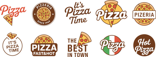 Vintage pizza logo collection featuring slices, bold typography, pizzeria branding badges, classic restaurant food icons, retro emblem set design illustration