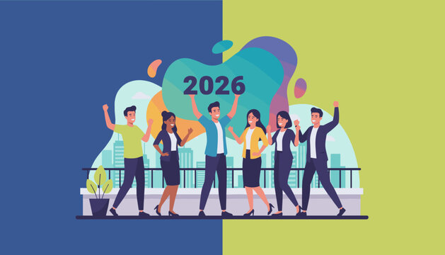 Diverse corporate team celebrating 2026 success and future goals on a rooftop Flat vector illustration - Powered by Adobe