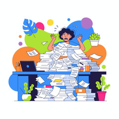 Overworked employee overwhelmed by massive paper stack on desk Business stress and deadline concept