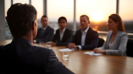 Business professionals gather for a meeting around a conference table during sunset in a modern office setting