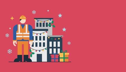 Construction worker near decorated city buildings and gifts Winter holiday season illustration