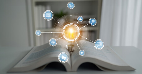 An open book symbolizes knowledge, surrounded by digital icons representing ideas and technology....
