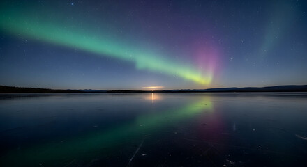 Vibrant aurora borealis shimmers across a starry night sky reflected in a calm lake