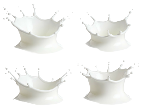 Four white liquid splashes forming crowns on a black background