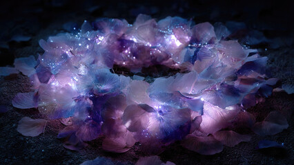 An ethereal wreath of translucent, glowing petals or fungi, illuminated with vibrant purple and blue lights, creating a magical display in darkness.