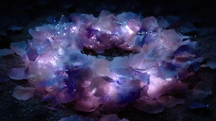 Fototapete Mädchenzimmer An ethereal wreath of translucent, glowing petals or fungi, illuminated with vibrant purple and blue lights, creating a magical display in darkness.  © Imagehub