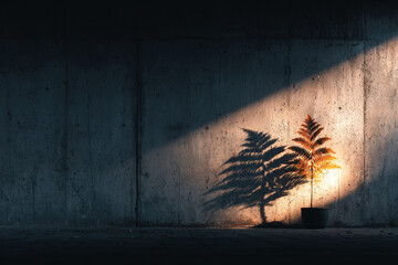 Wide Shot of Lone Fern Frond Shadow Expanding on Vast Concrete Wall in Minimalist Space