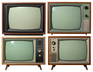 Four vintage televisions, all with blank green screens, a 2x2 grid