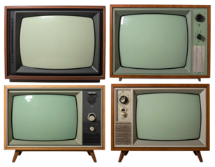 Four vintage televisions, all with blank green screens, a 2x2 grid