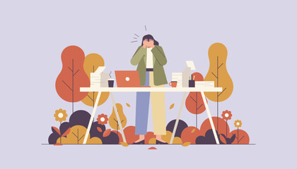Stressed worker overwhelmed by huge workload and burnout at a cluttered outdoor desk Flat illustration