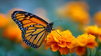 Fototapeta premium A beautiful monarch butterfly with striking orange and black wings is perched delicately on bright marigold flowers. The scene features soft lighting and lush greenery in the background