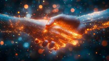 Holographic robotic arm handshake with glowing tech particles on a dark blurred background, futuristic sci-fi concept, digital technology illustration, modern cyber wallpaper design