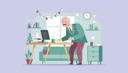 Frustrated senior businessman struggles with tech chaos in a festive office setting