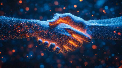 Holographic robotic arm handshake with glowing tech particles on a dark blurred background, futuristic sci-fi concept, digital technology illustration, modern cyber wallpaper design