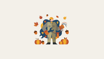 Autumn maintenance technician illustration with wires wrench leaves and pumpkins Seasonal industrial services