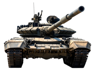 Front view of a modern armored combat tank with long gun barrel