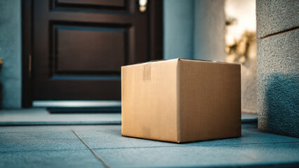A brown cardboard delivery box rests on a tiled doorstep in front of a dark residential door, signifying a recent home delivery.