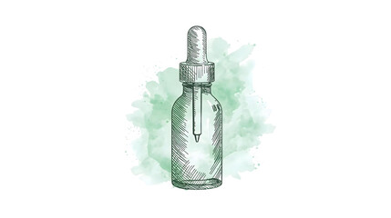 Illustration of a clear glass bottle with a dropper against a green watercolor background on black on transparent background