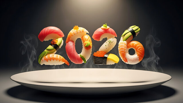 Gourmet Japanese cuisine forming the number 2026, a creative food art concept for the new year celebration - Powered by Adobe