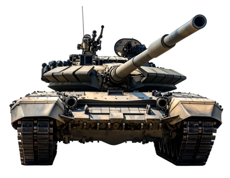 Front view of a modern armored combat tank with long gun barrel