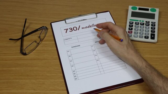 Form filling taxes 730 in Italy, unified payment. An office worker shows how to fill out the form.
