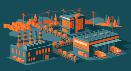 Isometric illustration of a factory complex production line logistics and supply chain automation