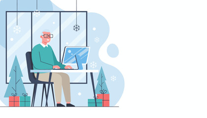 Happy senior man working online in a cozy festive winter office with gifts Illustration