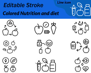 Vibrant nutrition and diet icon featuring colorful fruits vegetables and a balanced meal plate. Uses bright greens yellows and red healthy eating vitamins and overall wellness in a clean modern style.