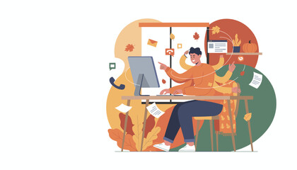 Productive employee juggling tasks in a fall office Multitasking busy workload concept