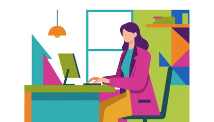Professional woman working on a computer in a vibrant modern office Flat geometric illustration style