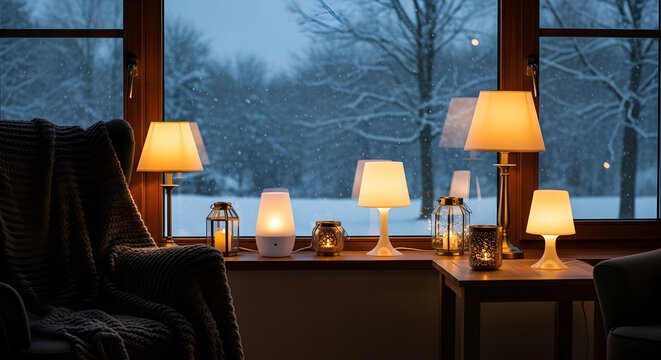 Cozy winter evening with multiple glowing lamps on a windowsill overlooking a snowy forest landscape