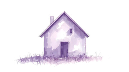 Watercolor illustration of a simple house with a chimney and a small window in purple tones on transparent background