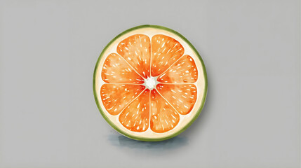 A watercolor illustration of a sliced grapefruit with a green rind on a gray background surface on transparent background