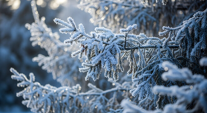 Close up of frosted pine tree branches covered in sparkling ice crystals on a sunny winter morning - Powered by Adobe