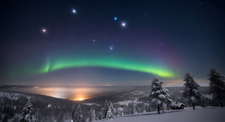 Vibrant aurora borealis dances across a starry night sky over a snow covered landscape