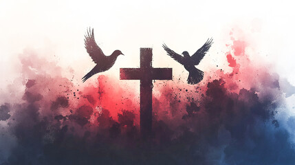 Holy Trinity symbols with crown, cross, and dove silhouettes on a soft watercolor backdrop, spiritual Christian illustration, clean devotional artwork ideal 