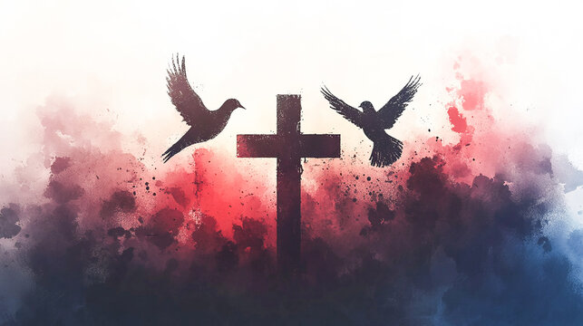 Holy Trinity symbols with crown, cross, and dove silhouettes on a soft watercolor backdrop, spiritual Christian illustration, clean devotional artwork ideal 