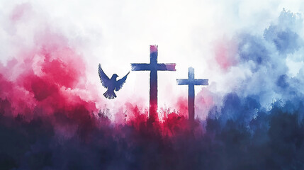 Holy Trinity symbols with crown, cross, and dove silhouettes on a soft watercolor backdrop, spiritual Christian illustration, clean devotional artwork ideal 