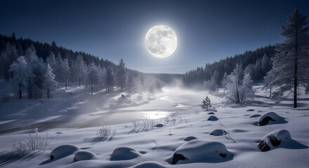 Majestic full moon illuminates a misty winter landscape with snow covered trees and a frozen river