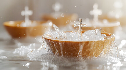 Holy water on white background, baptism and purification concept, Christian symbols and icons, clean minimal religious illustration, spiritual sacrament artwork  