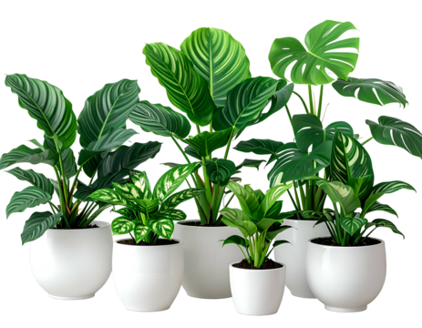 Lush collection of various green leafy plants in white ceramic pots