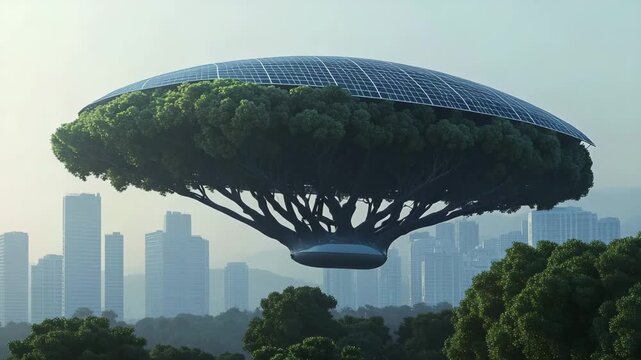 A solar-powered airship, shaped like a tree canoe, glides over a lush forest with integrated solar panels